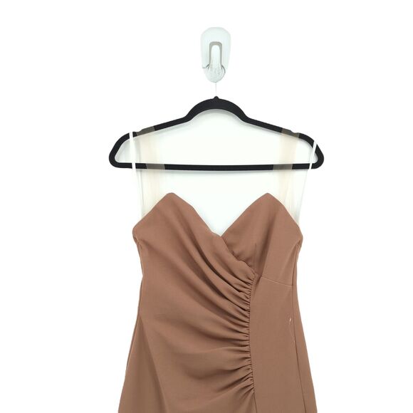 Katie May Women S Colette Gown Maxi Dress Cocoa Brown Sheer Bone Ruche Slit FLAW - Picture 4 of 11